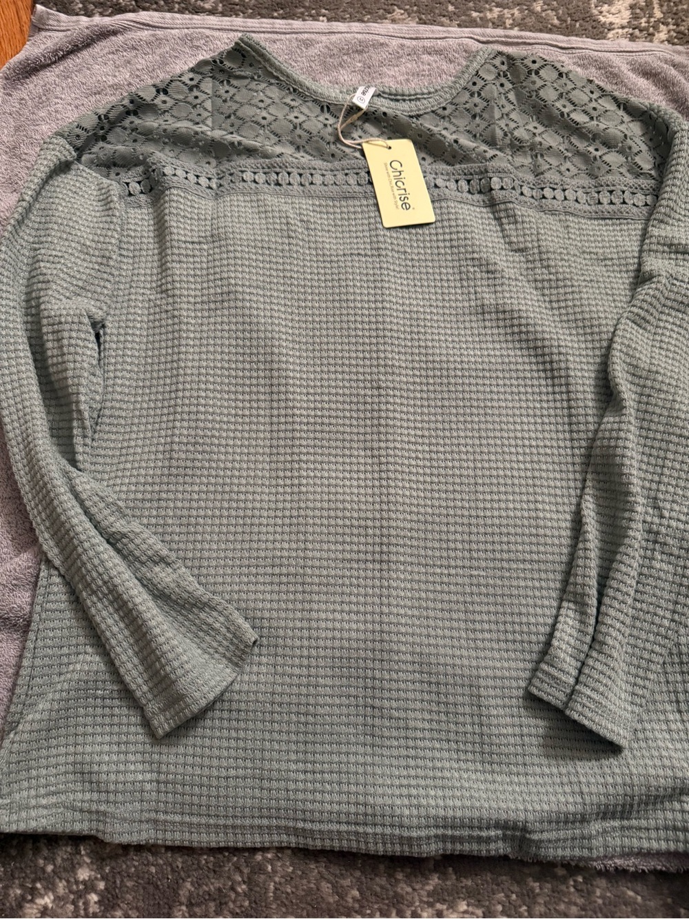 Lace Yoke Waffle Knit Top - Sage
